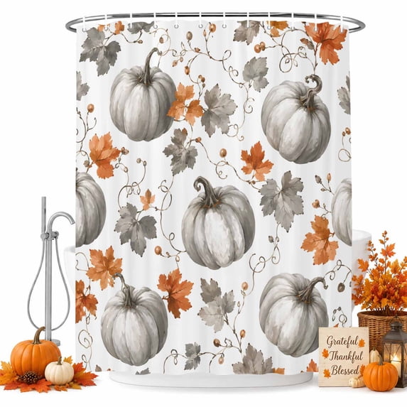 Gray Pumpkins Fall Shower Curtain, Waterproof Shower Curtains for Bathroom, Thanksg Maple Leaves Autumn Washable Fabric Bathtub Curtain Set Bath Decor with 12 Hooks Stall 36"x72"