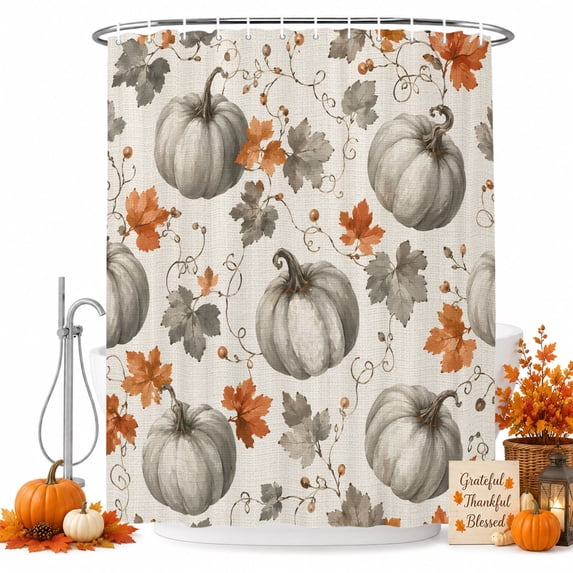 Gray Pumpkins Fall Shower Curtain, Waterproof Shower Curtains for Bathroom, Thanksg Maple Leaves Rustic Washable Fabric Bathtub Curtain Set Bath Decor with 12 Hooks 48"x72"