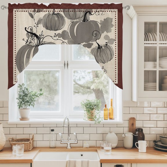 Gray Pumpkins Swag Valance for Windows, Thanksgiving Maple Leaf Linen Texture Brown Border Swag Curtains Valances for Small Window Treatment Rod Pocket for Kitchen Bathroom 1 Panel 56x36in