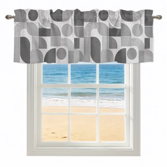 Gray Quarter Circles Valances for Windows, Rod Pocket Kitchen Valance Curtains - Soft & Washable Small Window Treatment for Living Room, Bathroom, Modern Geometric Arch Lines 42x12inch, 1 Panel