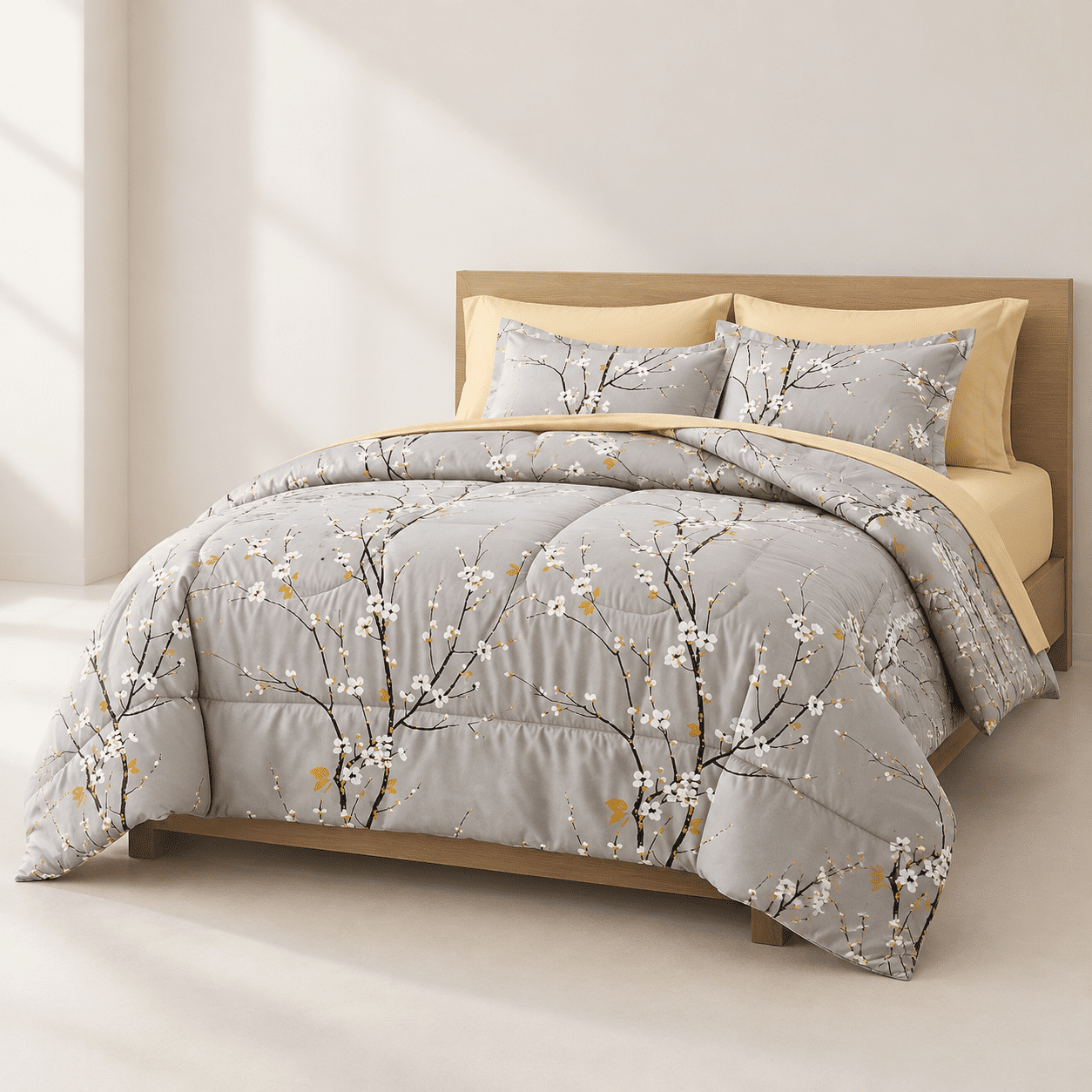 Spring Quilt Set Gray Queen-7 Pieces Tree Branch Bloom Flower Spring Summer Bed-in-a-Bag ...