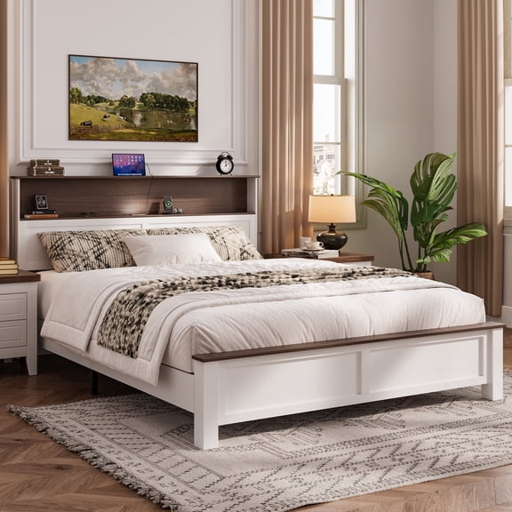 Queen Bed Frame with Storage Headboard and Charging Station, Bed Frame with LED Lights and Usb Ports, Wooden Platform Bed Queen Size No Box Spring Needed, Brown and White