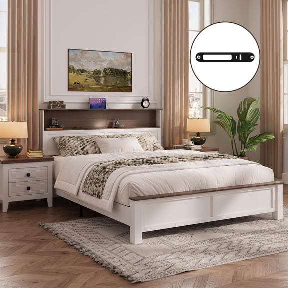 Queen Bed Frame with Storage Headboard and Charging Station, Bed Frame with LED Lights and USB Ports, Wooden Platform Bed Queen Size No Box Spring Needed, Brown and White