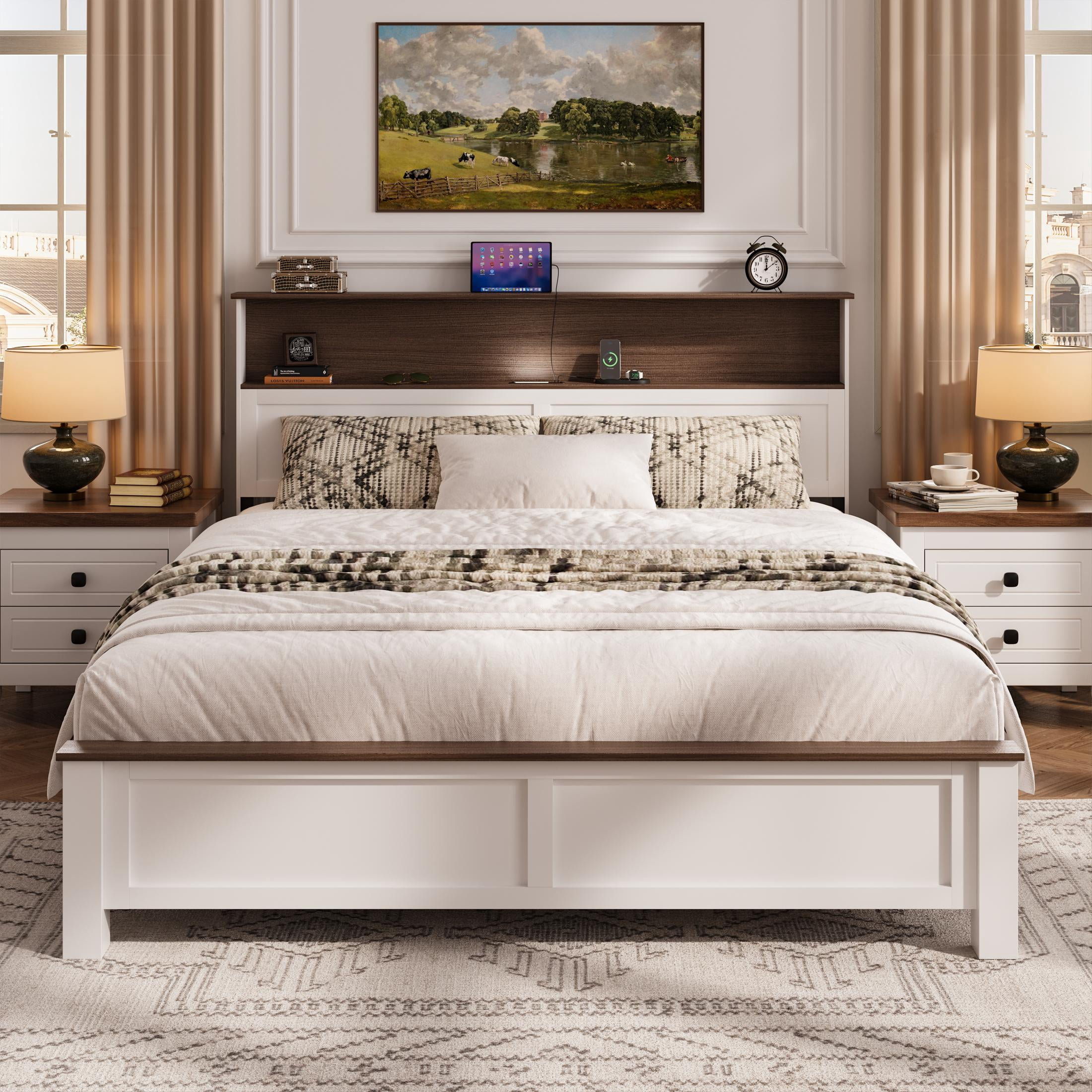 Queen Bed Frame with Storage Headboard and Charging Station, LED Queen Platform Bed with Wood Slat Support for 550lbs Weight Capacity, No Box Spring Needed, Easy Assembly, Brown and White