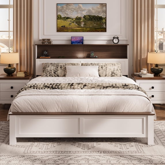 Queen Bed Frame with Storage Headboard and Charging Station, LED Queen Platform Bed with Wood Slat Support for 550lbs Weight Capacity, No Box Spring Needed, Easy Assembly, Brown and White