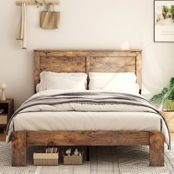 Queen Bed Frame for 800lbs Weight Capacity, Farmhouse Wooden Queen Platform Bed with Headboard, Wood Slat Support, No Box Spring Needed, Easy Assembly, Dark Brown