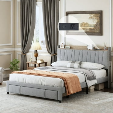 Gray Queen Bed Frame with Drawer and Charging Station, Queen Size Platform Bed With Fabric Upholstered Headboard, Upholstered Bed Frame for Kids Adults, Gray