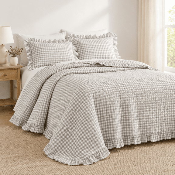 Gray Queen Size 3-Piece Light Gray Gingham Ruffle Bedspread Quilt Set