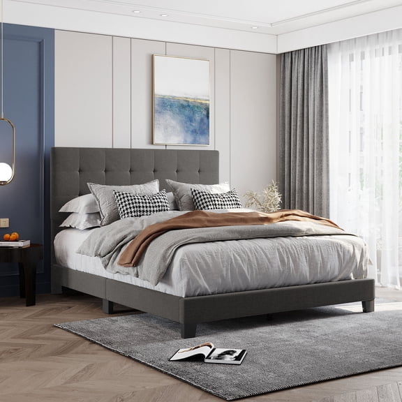Gray Queen Size Linen Fabric Upholstered Platform Bed with Tufted Headboard, Box Spring Needed