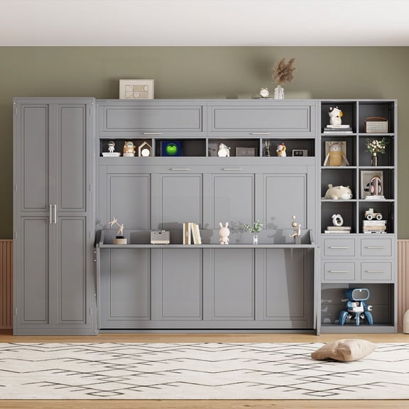 Gray Queen Size Murphy Bed Boasting Closet, Drawers & Shelves - Space-Saving Bedroom Solution