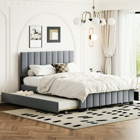 Gray Queen Size Platform Bed With Velvet Upholstery. 2 Drawers And Twin Xl Trundle. Frame. Create Extra Storage Build. Maximize Sleeping Area