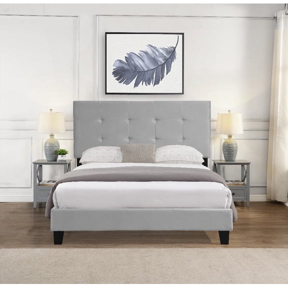 Gray Queen Size Upholstered Bed Frame featuring Pull Point Tufted Headboard & Strong Wood Slat Support, Easy to Assemble & No Box Spring