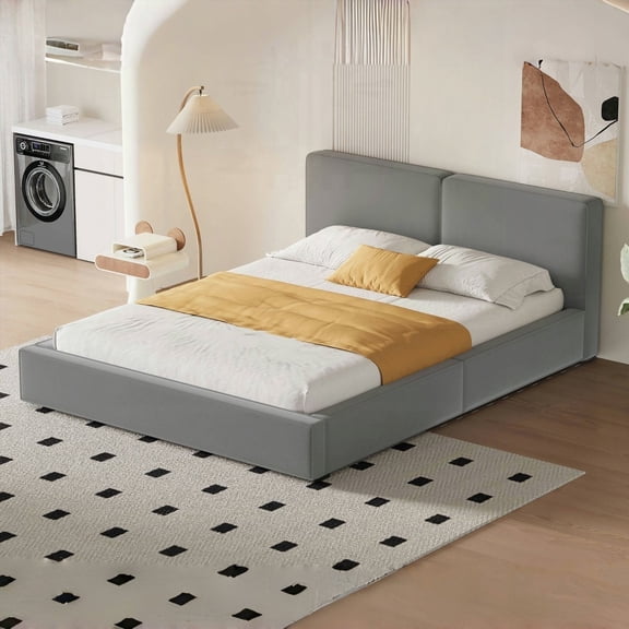 Gray Queen Size Upholstered Platform Bed - Soft Velvet Fabric, Solid Frame