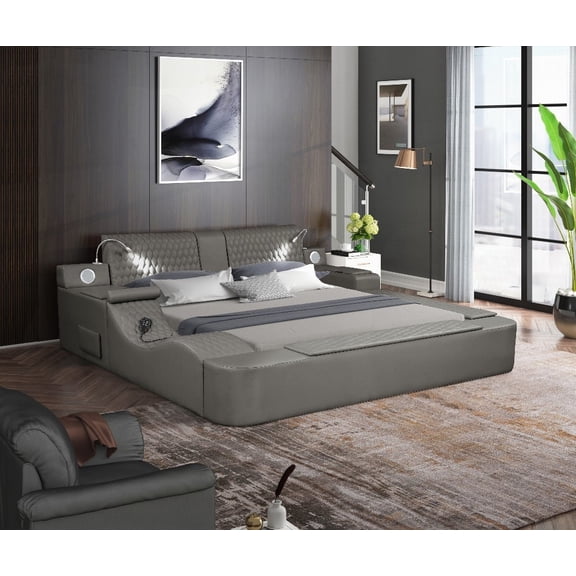 Gray Queen Size ZOYA Bed - Made with Wood and Faux Leather, Boasting Remote Massage & Built-in Speakers