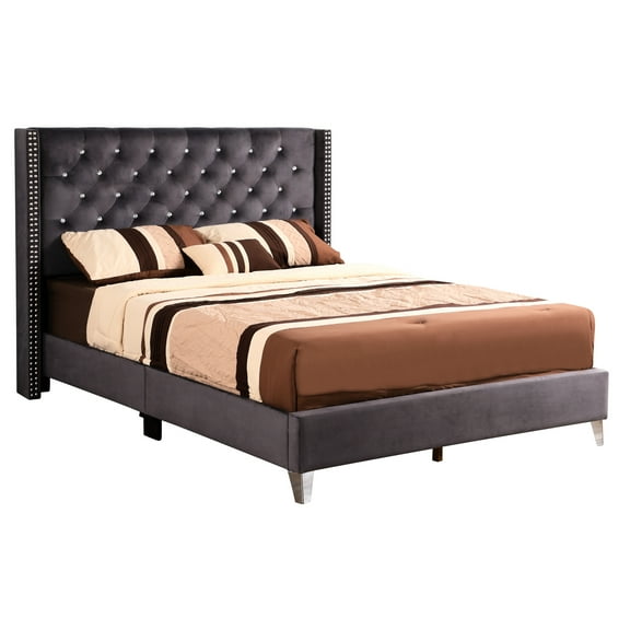 Gray Queen Upholstered Bed With Framework - 50"h X 66"w 86"d Padded Headboard For Extra Coziness Velvet & Foam Support System Enjoyment
