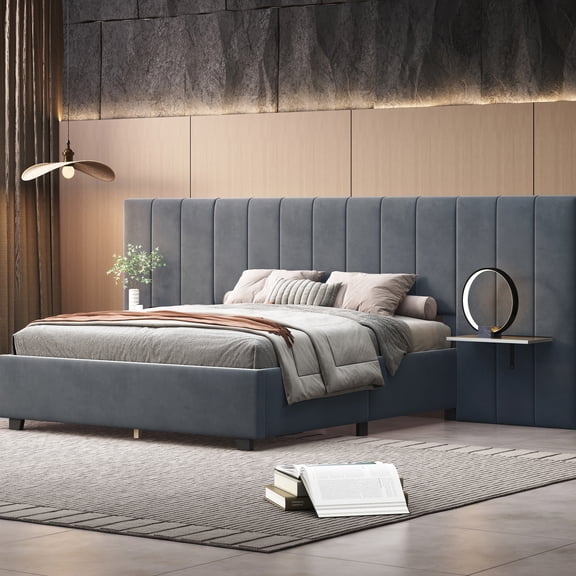 Gray Queen Upholstered Bed With Spacious And Comfortable Headboard Fabric, Offering A Relaxing Bedroom Retreat