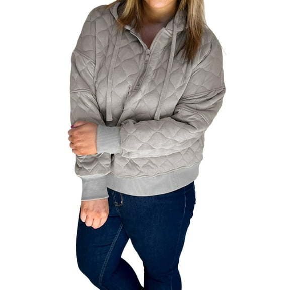 Gray Quilted Plus Size Hoodie for Women – Versatile Quarter Zip for Winter Outings [ZhiHiMeRi] | 3X