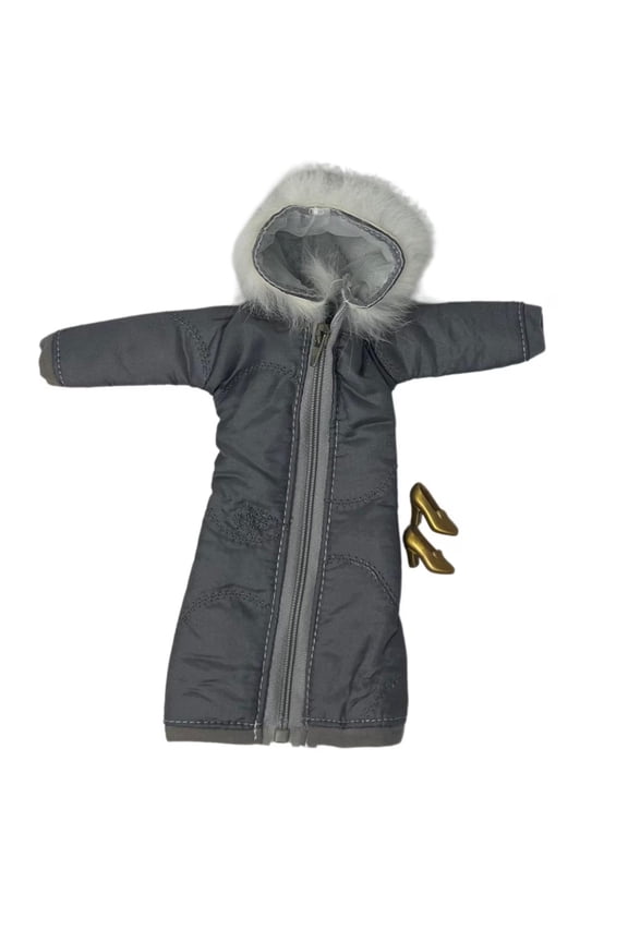 Gray Quilted Winter Coat with Fur Hood & Gold Heels for 11.5 Inch Fashion Dolls Like Barbie