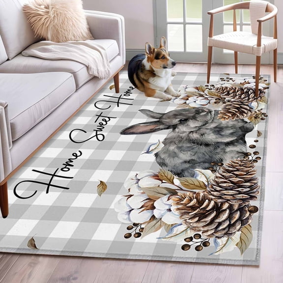 Gray Rabbits Area Rugs 3x5 ft Cotton Pine Fruit Home Sweet Gray Plaid Washable Rug Non Slip Indoor Carpet Absorbent Floor Mat for Living Room Bedroom Dining Room