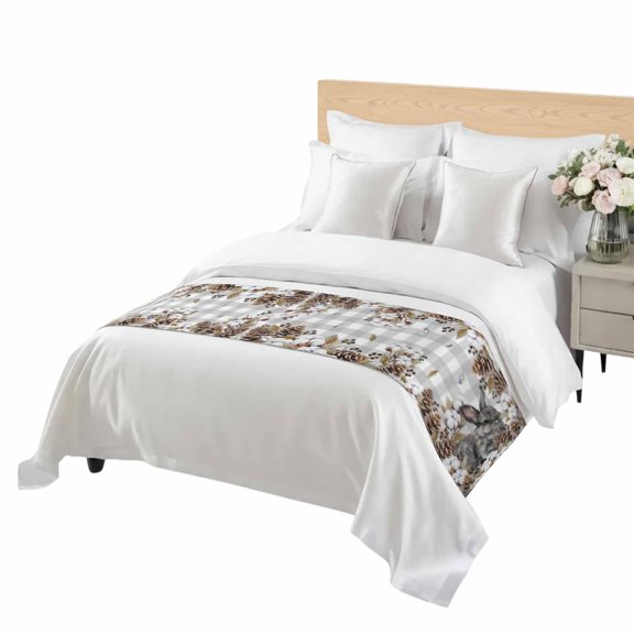 Gray Rabbits Bed Runner King Size Cotton Pine Fruit Farm Animal Gray Plaid Soft Bed Scarf for Foot of Bed, Decorative Bedding Scarf Protection for Hotel Home Bedroom 94 x 20 Inch