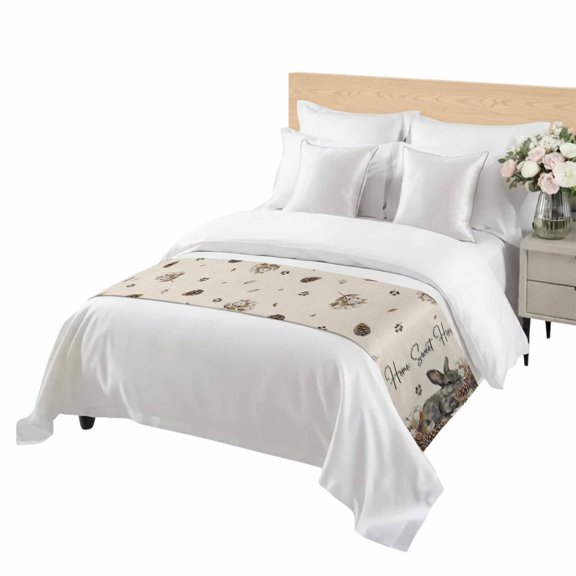 Gray Rabbits Bed Runner Queen Size Cotton Pine Fruit Home Sweet Linen Texture Soft Bed Scarf for Foot of Bed, Decorative Bedding Scarf Protection for Hotel Home Bedroom 83 x 20 Inch