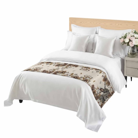 Gray Rabbits Bed Runner Twin Size Cotton Pine Fruit Farm Animal Linen Texture Soft Bed Scarf for Foot of Bed, Decorative Bedding Scarf Protection for Hotel Home Bedroom 71 x 20 Inch