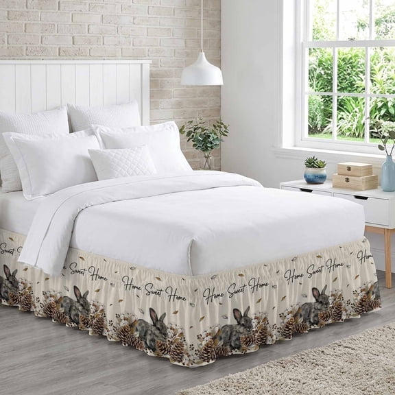 Gray Rabbits Bed Skirt California King Size 18 Inch Drop, Cotton Pine Fruit Home Sweet Linen Texture Adjustable Elastic Dust Ruffles Bedskirt Wrap Around Pleated Mattress Frame Cover