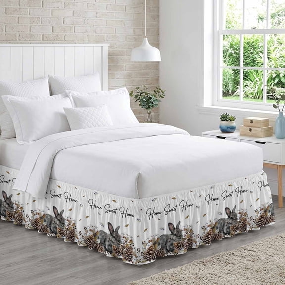 Gray Rabbits Bed Skirt King Size 16 Inch Drop, Cotton Pine Fruit Home Sweet Farm Animal Adjustable Elastic Dust Ruffles Bedskirt for King Bed Wrap Around Pleated Mattress Frame Cover