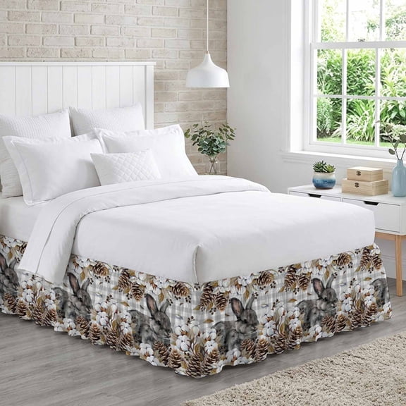 Gray Rabbits Bed Skirt Queen Size 16 Inch Drop, Cotton Pine Fruit Farm Animal Gray Plaid Adjustable Elastic Dust Ruffles Bedskirt for Queen Bed Wrap Around Pleated Mattress Frame Cover
