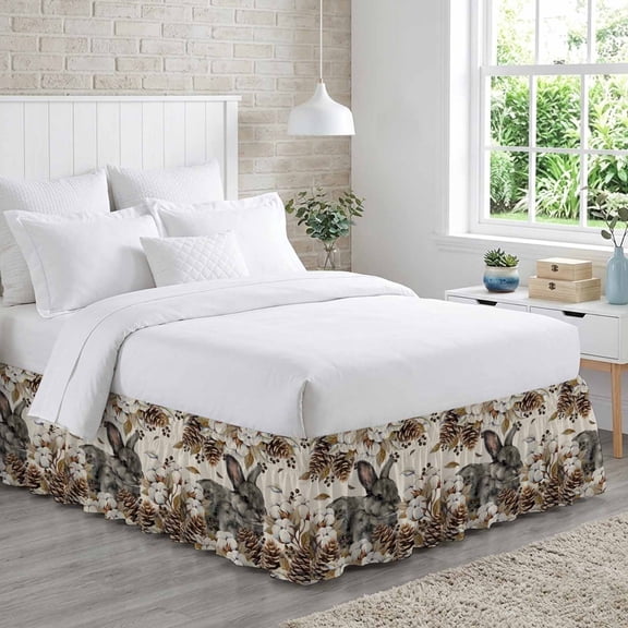 Gray Rabbits Bed Skirt Queen Size 16 Inch Drop, Cotton Pine Fruit Farm Animal Linen Texture Adjustable Elastic Dust Ruffles Bedskirt for Queen Bed Wrap Around Pleated Mattress Frame Cover