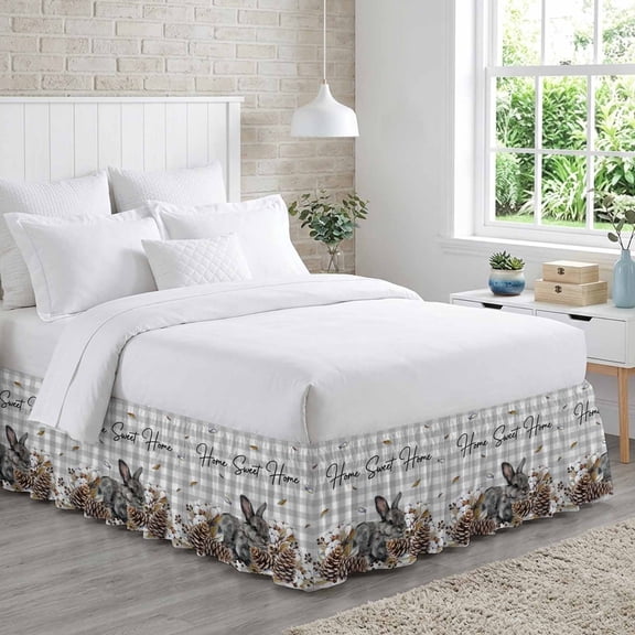 Gray Rabbits Bed Skirt Queen Size 18 Inch Drop, Cotton Pine Fruit Home Sweet Gray Plaid Adjustable Elastic Dust Ruffles Bedskirt for Queen Bed Wrap Around Pleated Mattress Frame Cover