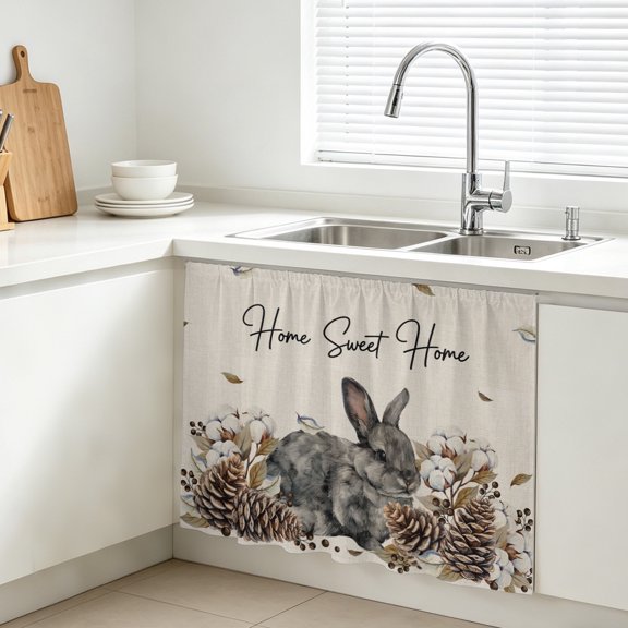 Gray Rabbits Cabinet Curtain, Cotton Pine Fruit Home Sweet Linen Texture Sink Skirt for Bathroom, Under Sink shelf Curtain Privacy Drape for Kitchen Laundry Room 28x35in