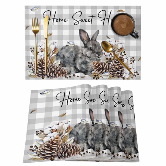 Gray Rabbits Cotton Linen Placemats Set of 1, Cotton Pine Fruit Home Sweet Gray Plaid Washable Table Place Mats Heat Insulating Placemat for Dining Room Kitchen Daily Use 13 x 19 Inch