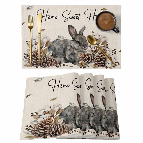 Gray Rabbits Cotton Linen Placemats Set of 1, Cotton Pine Fruit Home Sweet Linen Texture Washable Table Place Mats Heat Insulating Placemat for Dining Room Kitchen Daily Use 13 x 19 Inch