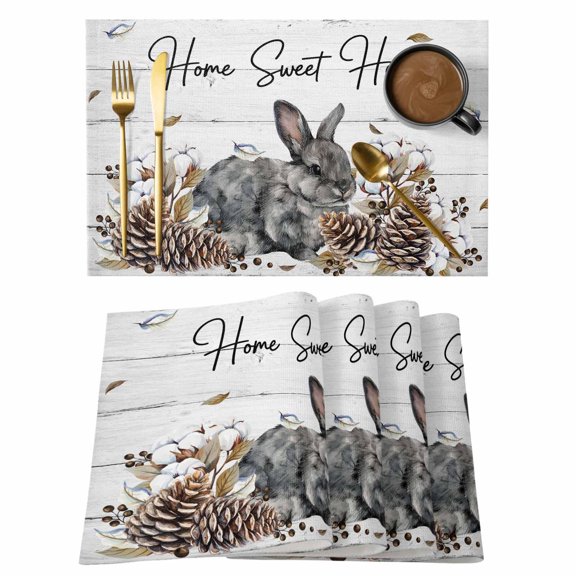 Gray Rabbits Cotton Linen Placemats Set of 1, Cotton Pine Fruit Home Sweet White Wood Grain Washable Table Place Mats Heat Insulating Placemat for Dining Room Kitchen Daily Use 13 x 19 Inch