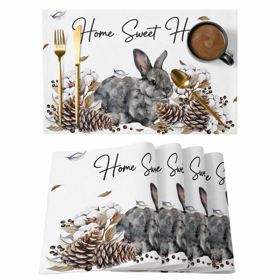 Gray Rabbits Cotton Linen Placemats Set of 2, Cotton Pine Fruit Home Sweet Farm Animal Washable Table Place Mats Heat Insulating Placemat for Dining Room Kitchen Daily Use 13 x 19 Inch