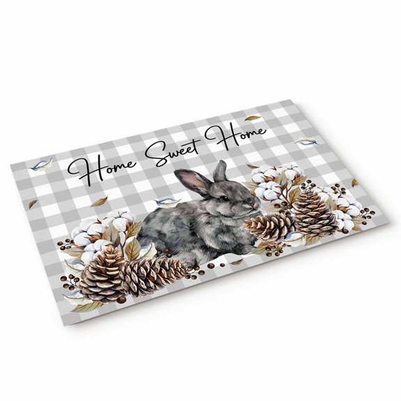 Gray Rabbits Door Mat Cotton Pine Fruit Home Sweet Gray Plaid Non Slip Absorbent Entrance Mat Washable Low Profile Indoor Doormat for Front Door Entryway Entry 16"x24"