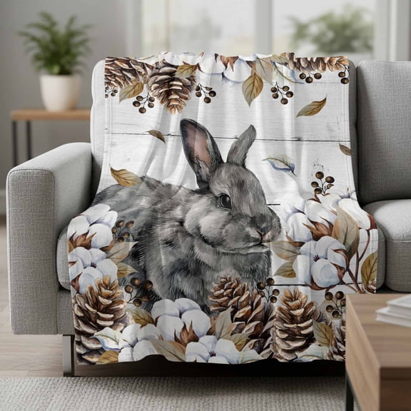 Gray Rabbits Fleece Throw Blanket Cotton Pine Fruit Farm Animal White Wood Grain Ultra Soft Fuzzy Cozy Flannel Throw Blanket for Couch Sofa Bed Car Travel, Ideal Gifts 30x40 Inches