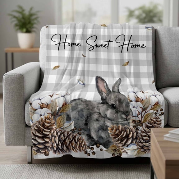 Gray Rabbits Fleece Throw Blanket Cotton Pine Fruit Home Sweet Gray Plaid Ultra Soft Fuzzy Cozy Flannel Throw Blanket for Couch Sofa Bed Car Travel, Ideal Gifts 30x40 Inches