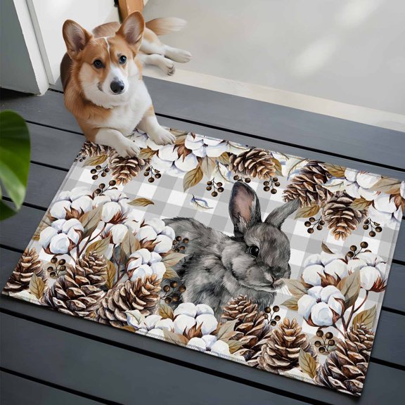 Gray Rabbits Front Door Rugs 2x3 ft Cotton Pine Fruit Farm Animal Gray Plaid Small Rug for Entryway Non Slip Washable Bathroom Door Mat Absorbent Floor Mat for Indoor Entrance