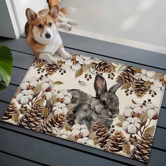 Gray Rabbits Front Door Rugs 2x3 ft Cotton Pine Fruit Farm Animal Linen Texture Small Rug for Entryway Non Slip Washable Bathroom Door Mat Absorbent Floor Mat for Indoor Entrance