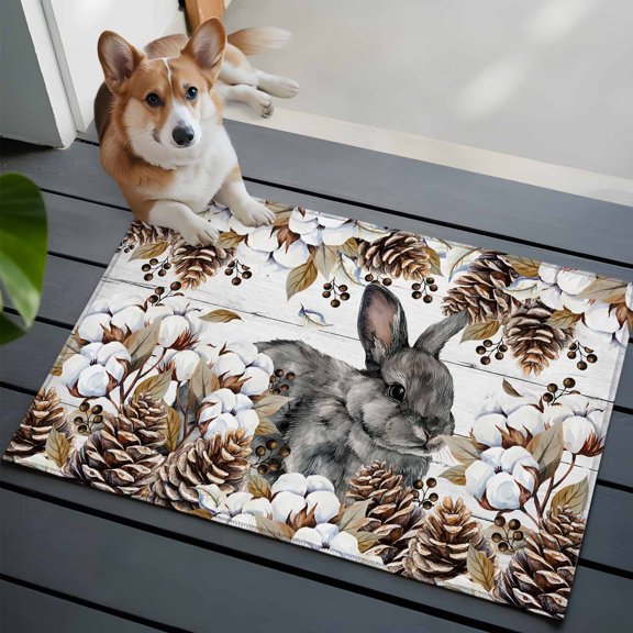 Gray Rabbits Front Door Rugs 2x3 ft Cotton Pine Fruit Farm Animal White Wood Grain Small Rug for Entryway Non Slip Washable Bathroom Door Mat Absorbent Floor Mat for Indoor Entrance
