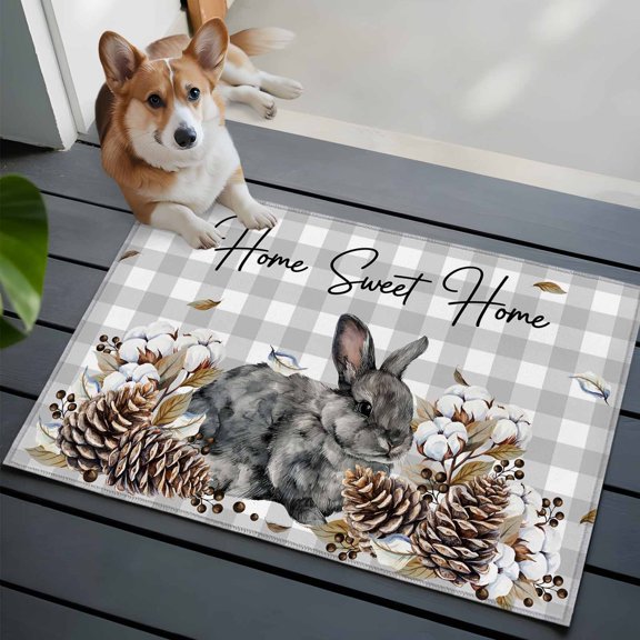 Gray Rabbits Front Door Rugs 2x3 ft Cotton Pine Fruit Home Sweet Gray Plaid Small Rug for Entryway Non Slip Washable Bathroom Door Mat Absorbent Floor Mat for Indoor Entrance