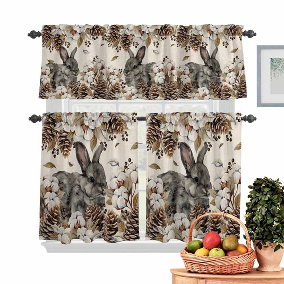 Gray Rabbits Kitchen Curtains Valances 3 Piece Set, Cotton Pine Fruit Farm Animal Linen Texture Rod Pocket Tier Curtain and Valance Drapes for Small Window 24 Inch Length for Bedroom Cafe