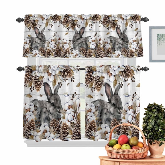 Gray Rabbits Kitchen Curtains Valances 3 Piece Set, Cotton Pine Fruit Farm Animal White Wood Grain Rod Pocket Tier Curtain and Valance Drapes for Small Window 36 Inch Length for Bedroom Cafe