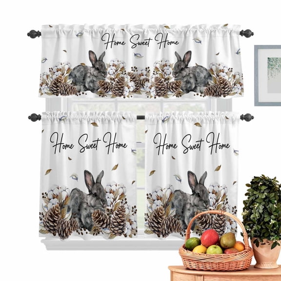 Gray Rabbits Kitchen Curtains Valances 3 Piece Set, Cotton Pine Fruit Home Sweet Farm Animal Rod Pocket Tier Curtain and Valance Drapes for Small Window 36 Inch Length for Bedroom Cafe