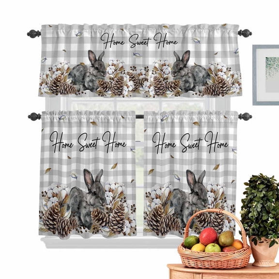Gray Rabbits Kitchen Curtains Valances 3 Piece Set, Cotton Pine Fruit Home Sweet Gray Plaid Rod Pocket Tier Curtain and Valance Drapes for Small Window 24 Inch Length for Bedroom Cafe