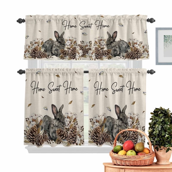 Gray Rabbits Kitchen Curtains Valances 3 Piece Set, Cotton Pine Fruit Home Sweet Linen Texture Rod Pocket Tier Curtain and Valance Drapes for Small Window 36 Inch Length for Bedroom Cafe
