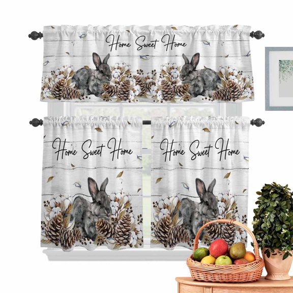 Gray Rabbits Kitchen Curtains Valances 3 Piece Set, Cotton Pine Fruit Home Sweet White Wood Grain Rod Pocket Tier Curtain and Valance Drapes for Small Window 36 Inch Length for Bedroom Cafe