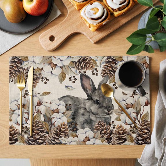 Gray Rabbits Placemats Set of 1, Cotton Pine Fruit Farm Animal Linen Texture Heat Insulated Linen Place Mats, Washable Stain-Proof Table Mats for Dining Tables Holiday Decor 13x19 Inches